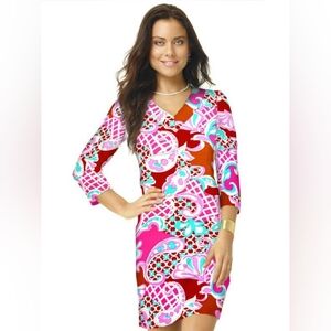 BARBARA GERWIT Nylon Spandex Dress V-Neck Style 220D62 Poppy/Pink Large